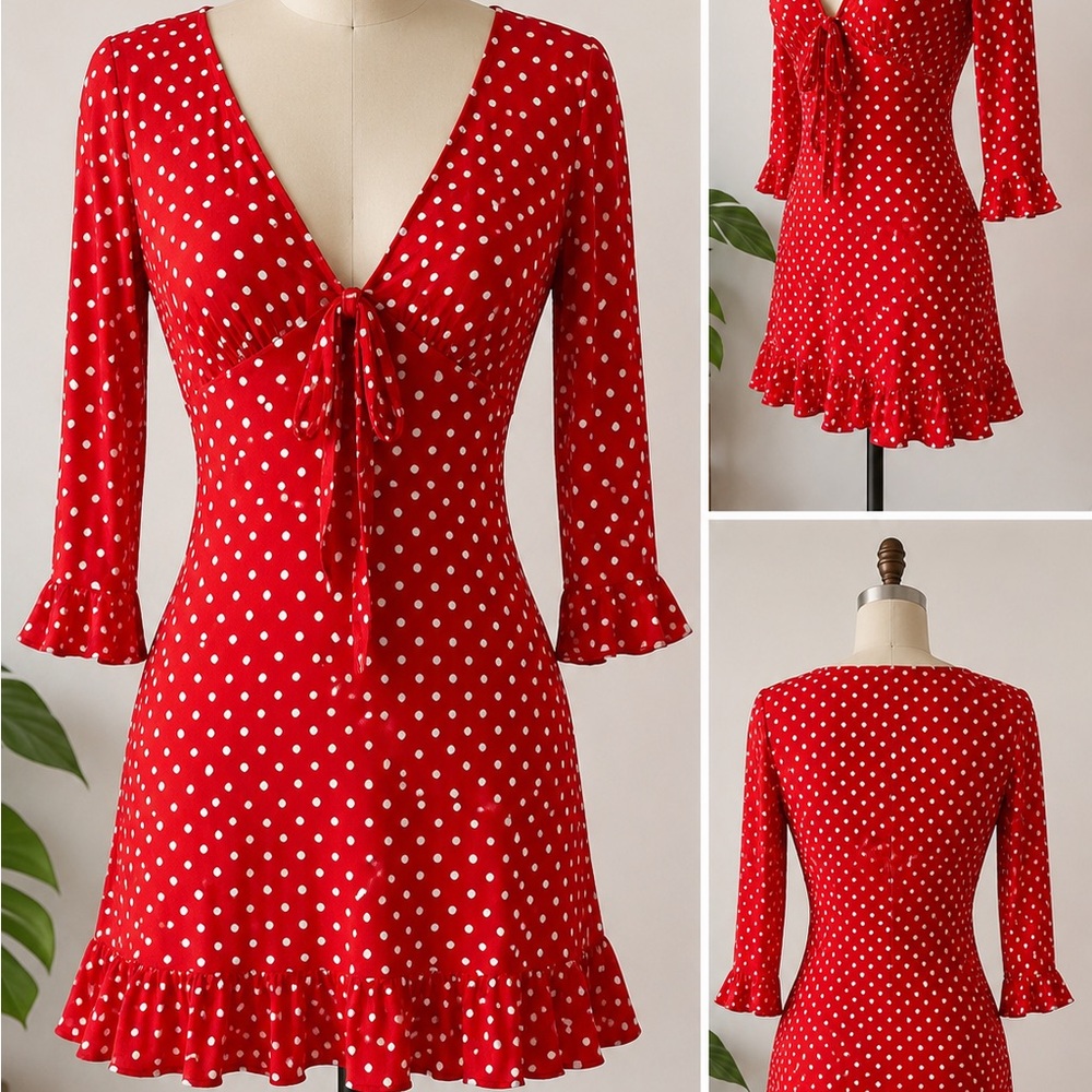 Missguided + Red Polka Dot Tie-Front Mini Dress